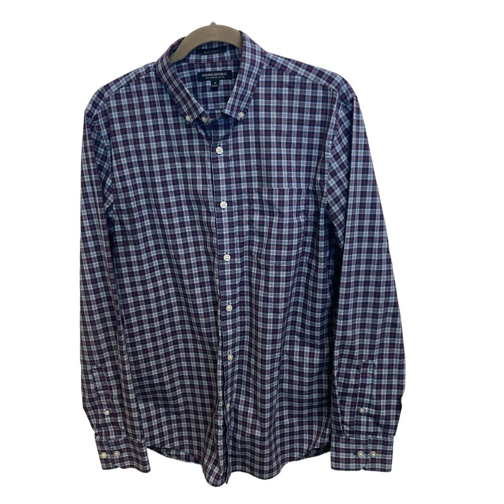 Banana Republic Plaid Check Mens Tech Stretch Cotton Top Size‎ M